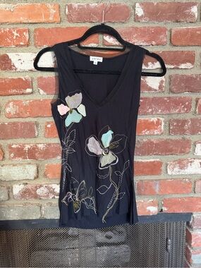 Akiko Black Sleeveless Tank with Pastel Floral Appliqué